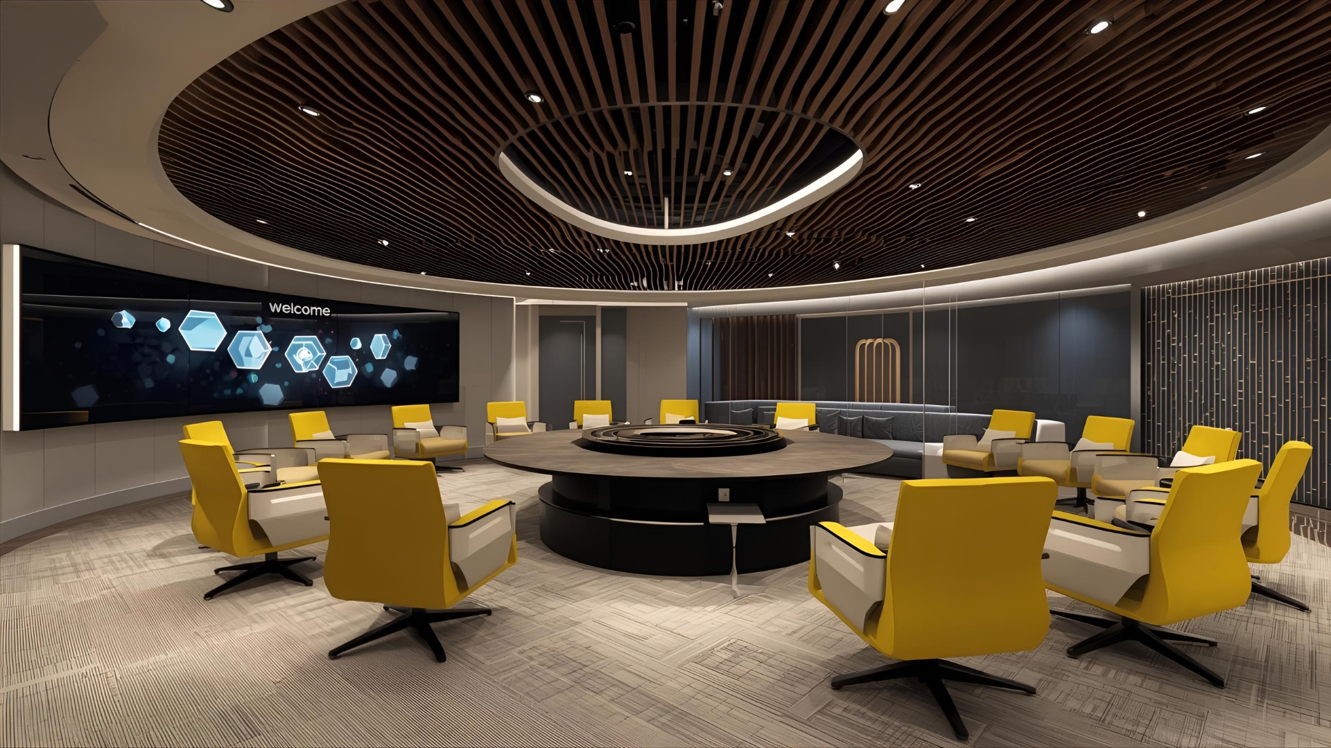 Executive boardroom with 21:9 displays and ceiling microphones