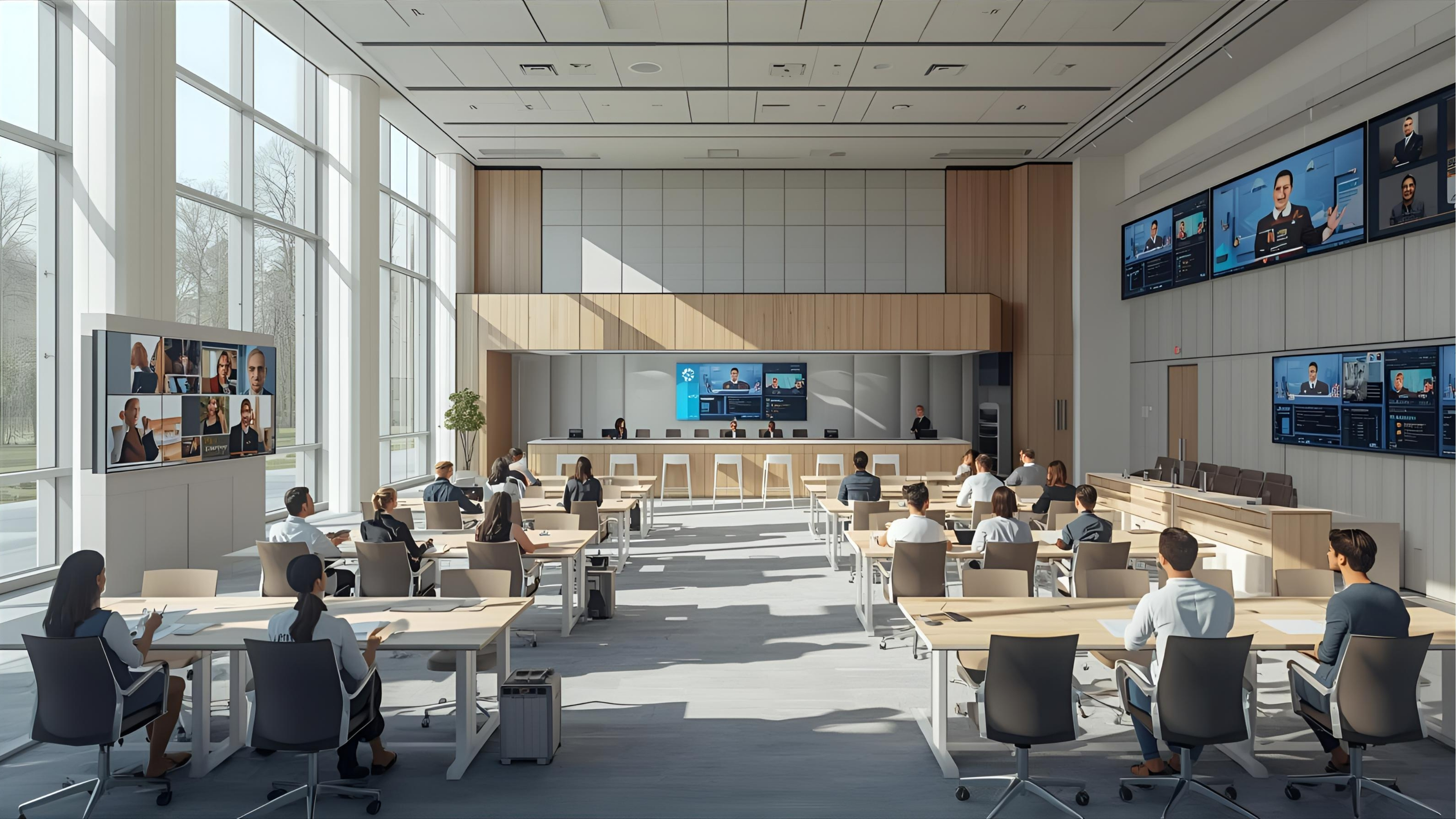 Modern education AV environments featuring a smart classroom, tiered lecture hall, collaboration zone, and campus lobby with digital signage.
