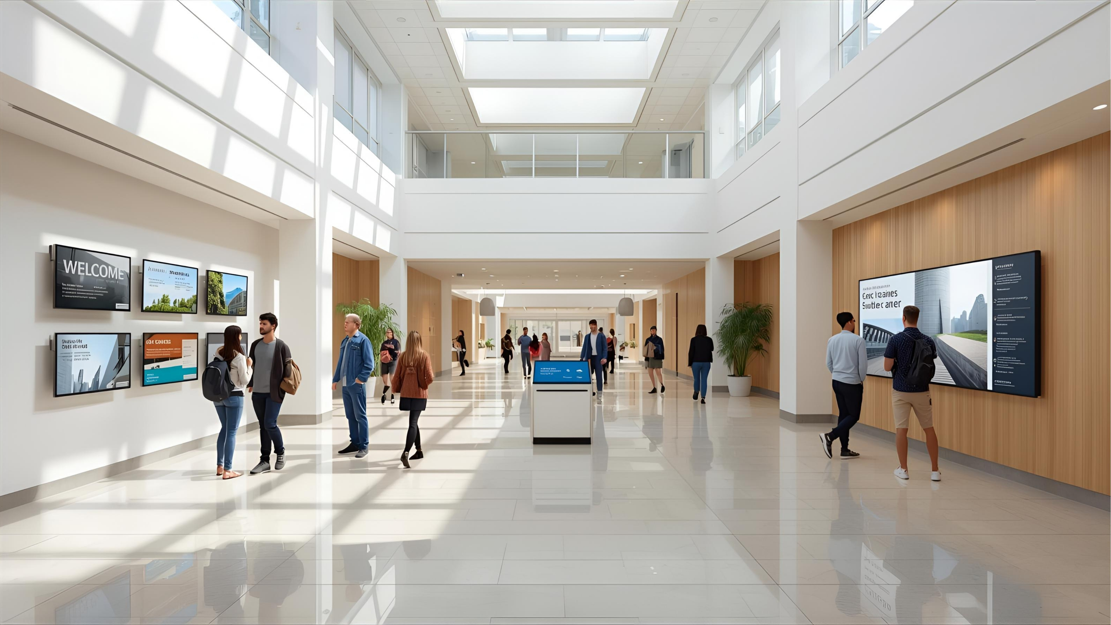 Campus lobby with welcome signage and wayfinding kiosk