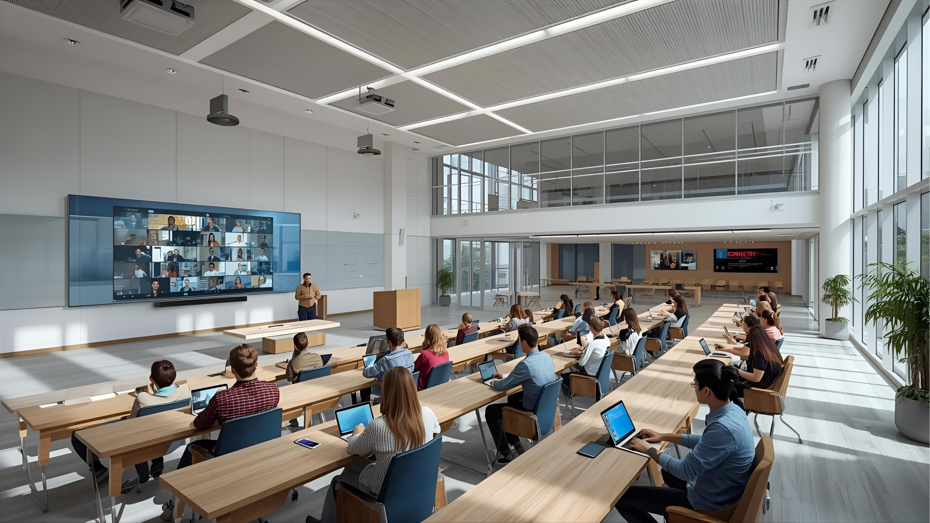 Interactive classroom with digital display, lecture capture, and hybrid teaching setup