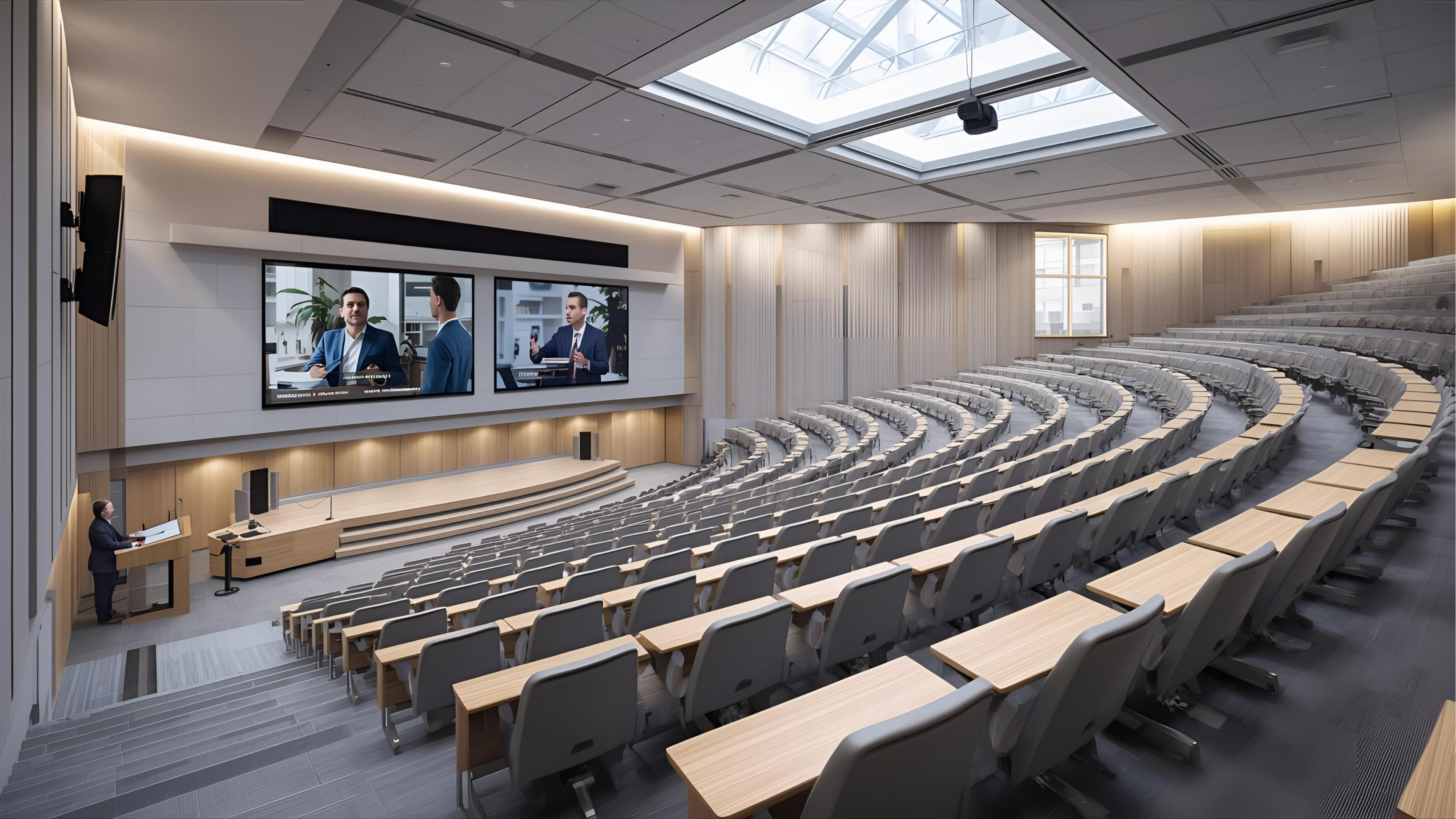 Tiered lecture theatre with dual projection and tracking PTZ