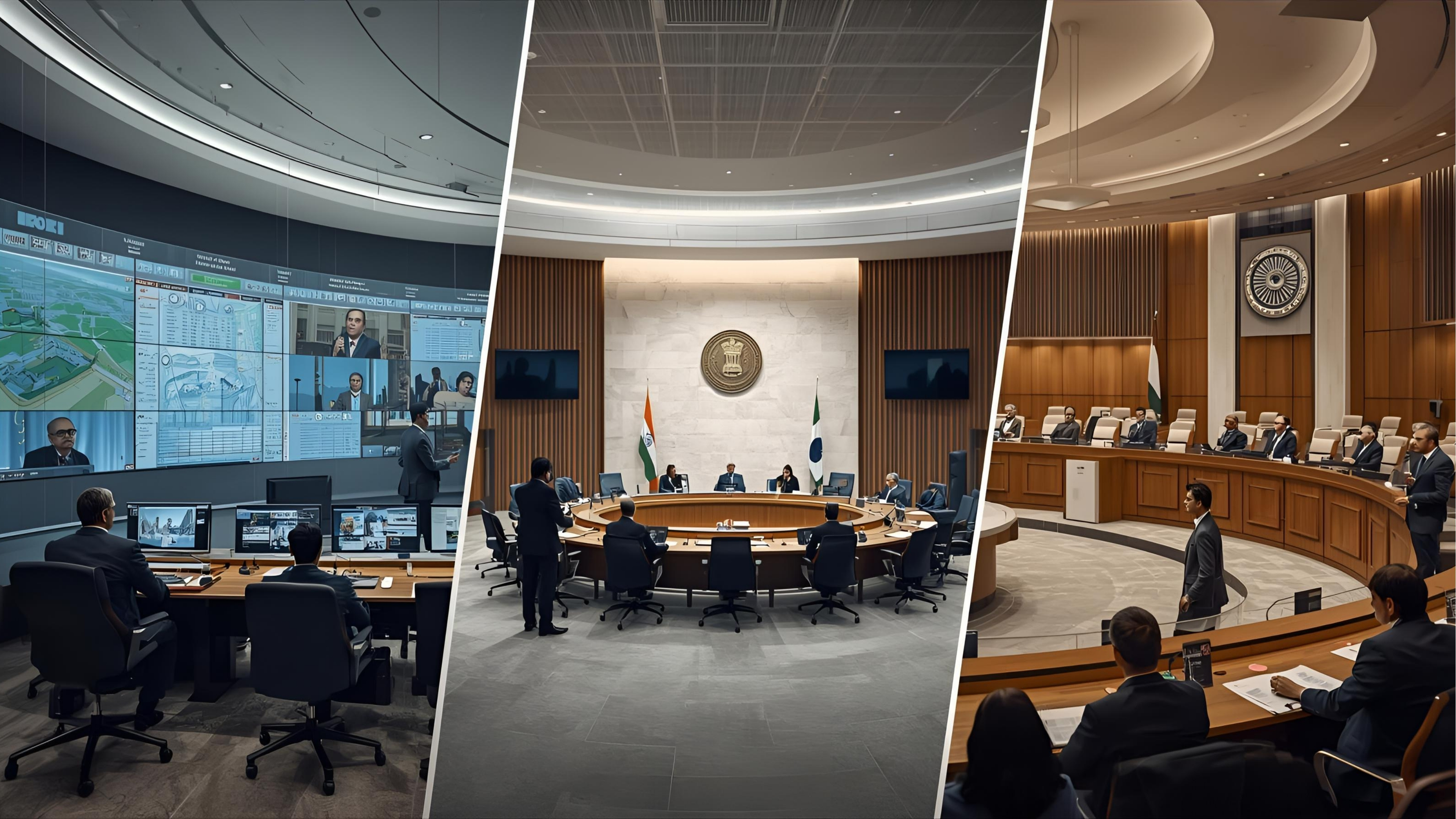 Modern government AV environments including a command and control center with video wall, a council chamber with delegate microphones, a secure briefing room, and a public auditorium.