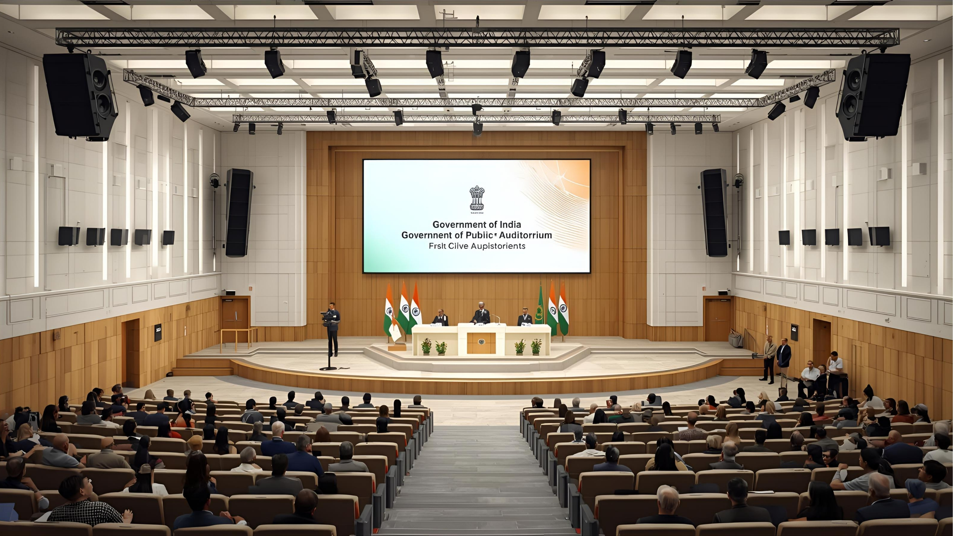 Government auditorium with stage lighting and multiple cameras