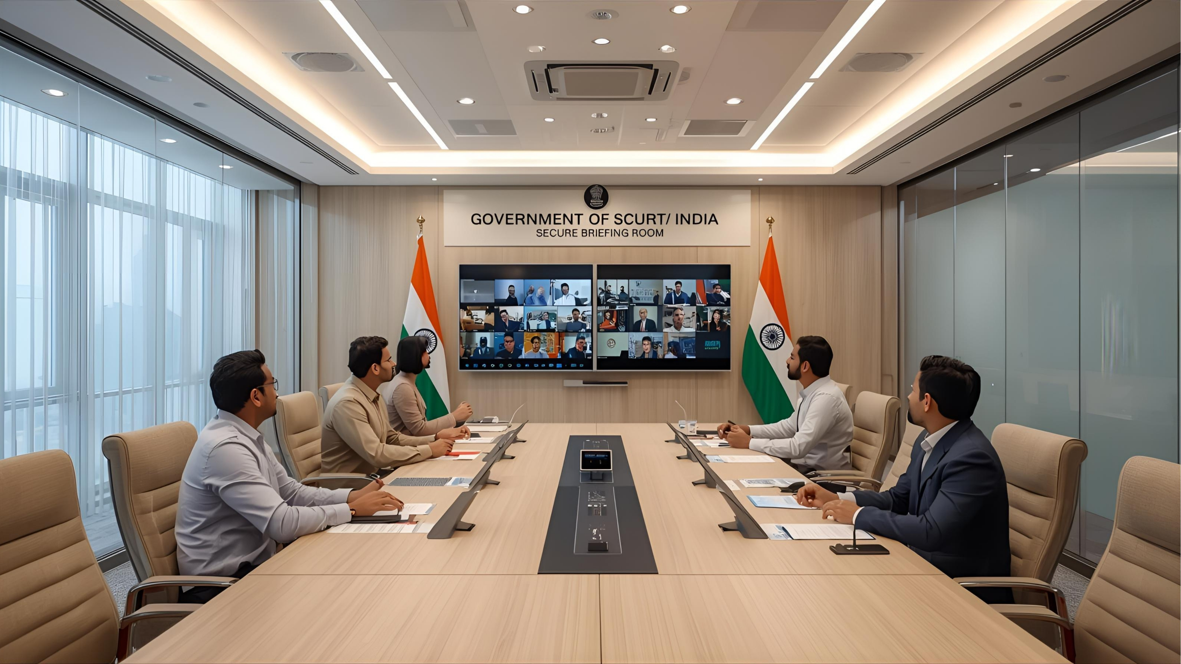 Government briefing room with dual screens and secure video conferencing