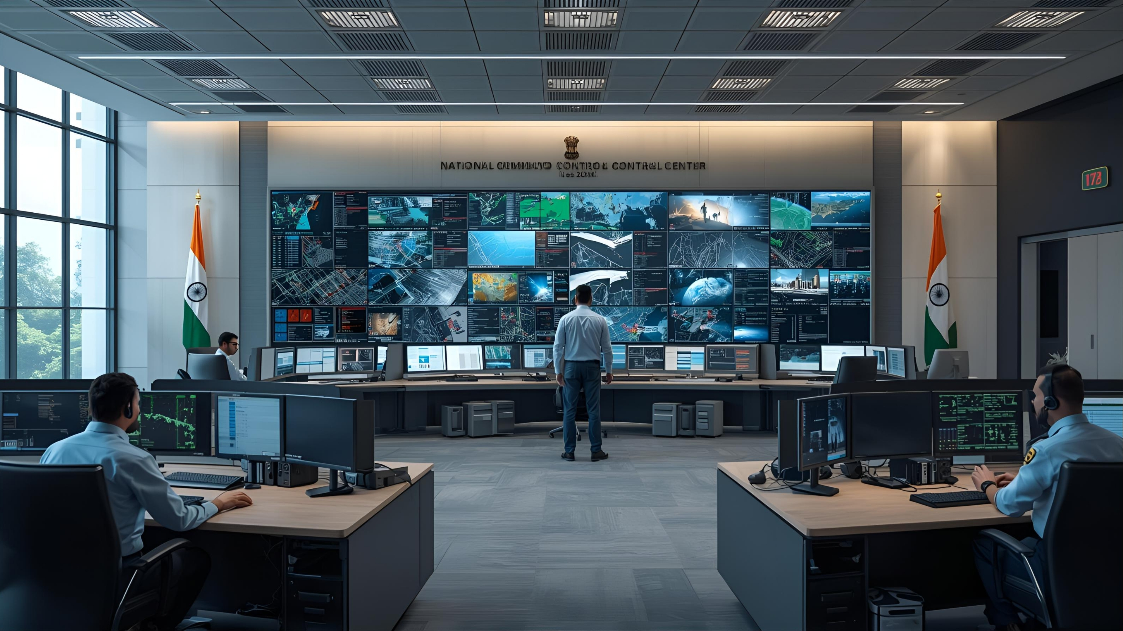 Government command and control center with large video wall and operator consoles
