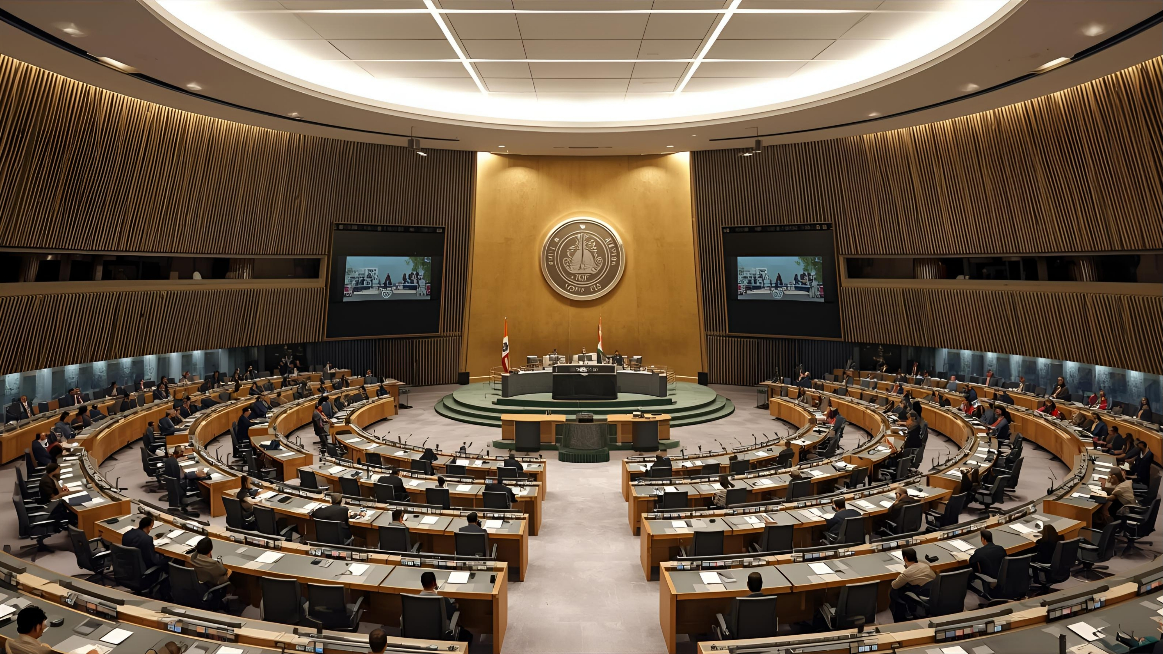 Council chamber with delegate microphones, displays, and voting system
