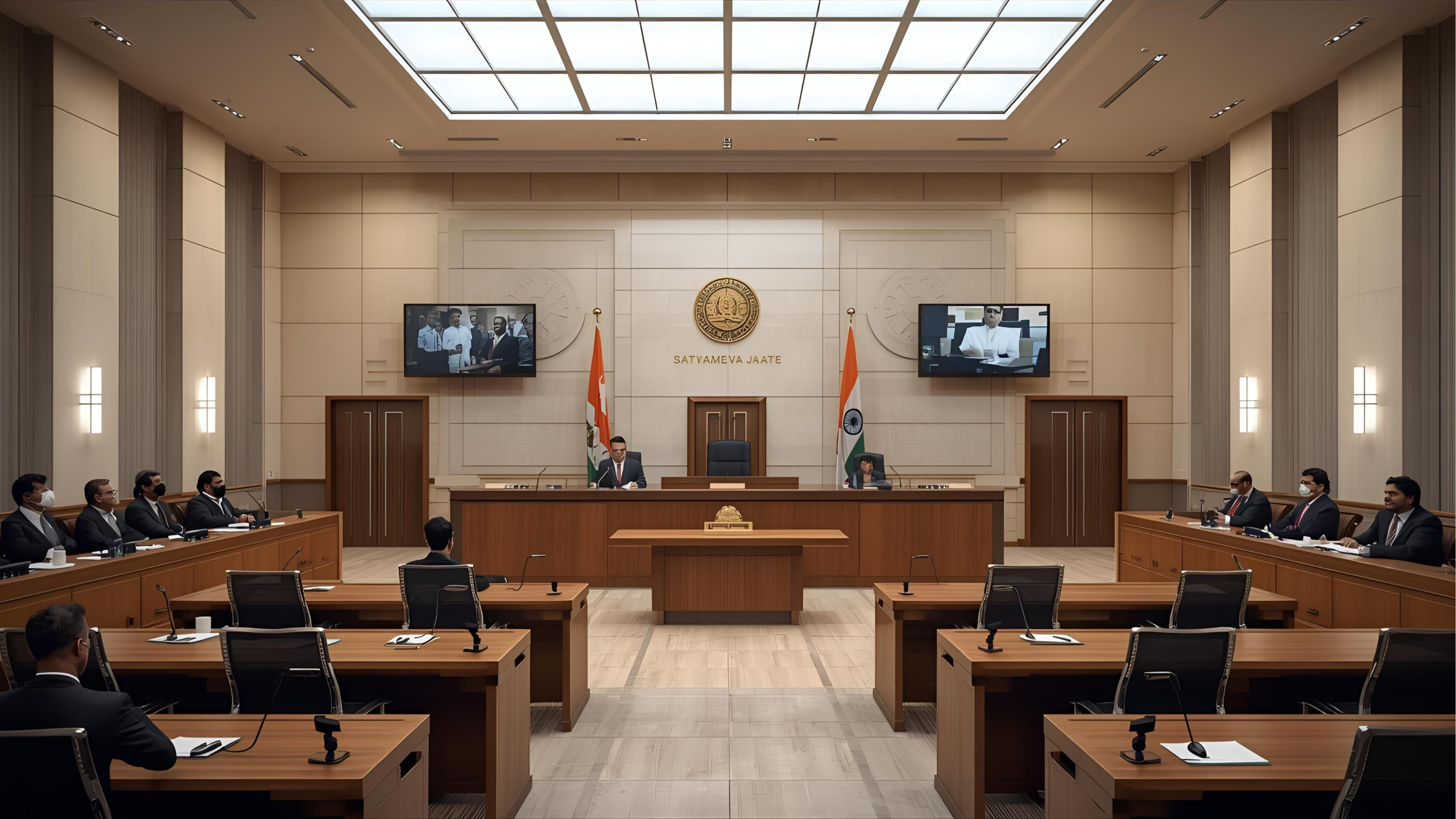 Courtroom with evidence display, microphones and recording