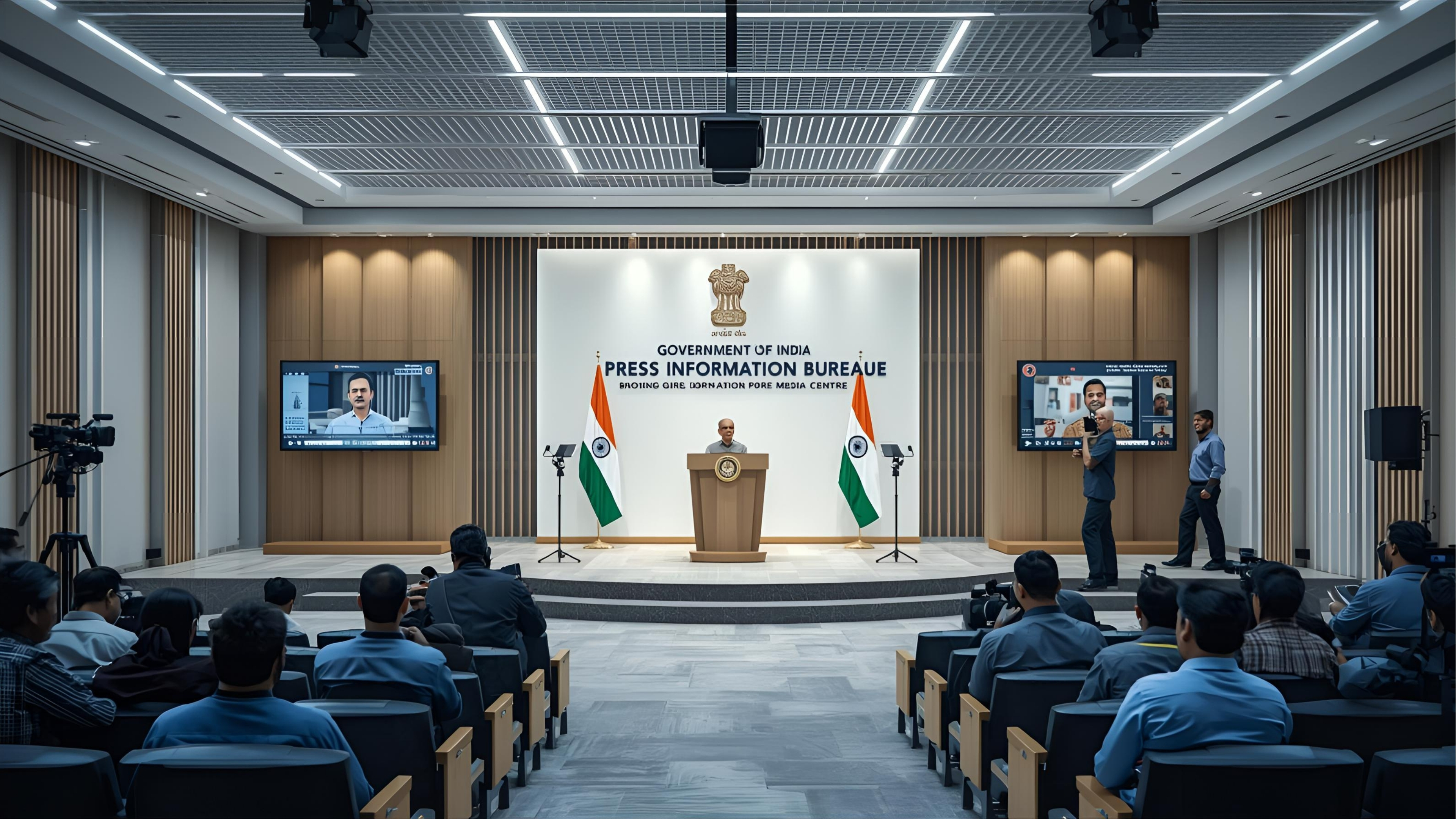 Press briefing hall with stage lighting, cameras and media feeds