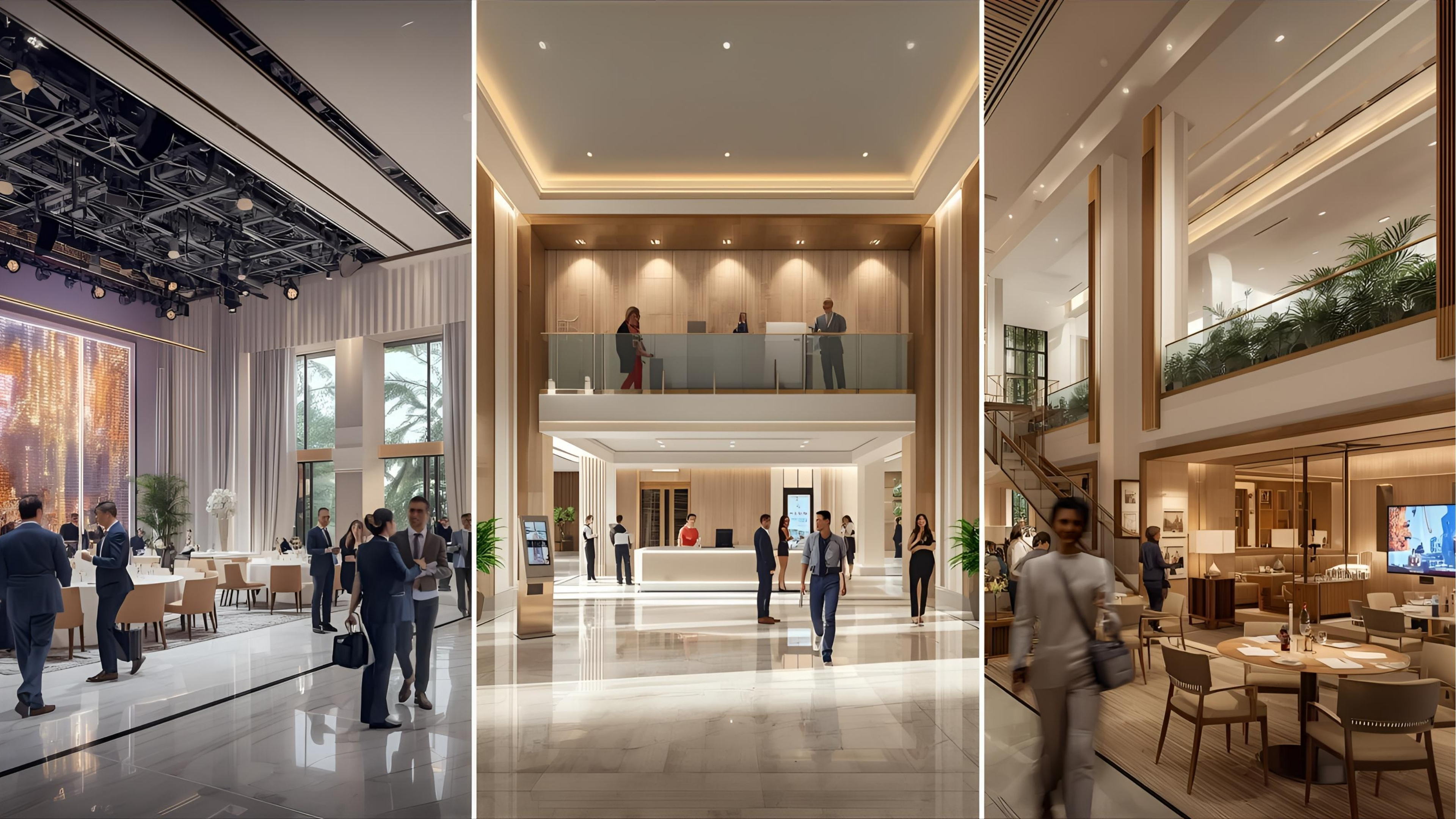 Modern hospitality AV environments featuring a grand ballroom with LED wall, stylish lobby signage, meeting rooms with video conferencing, and a rooftop lounge with architectural lighting.