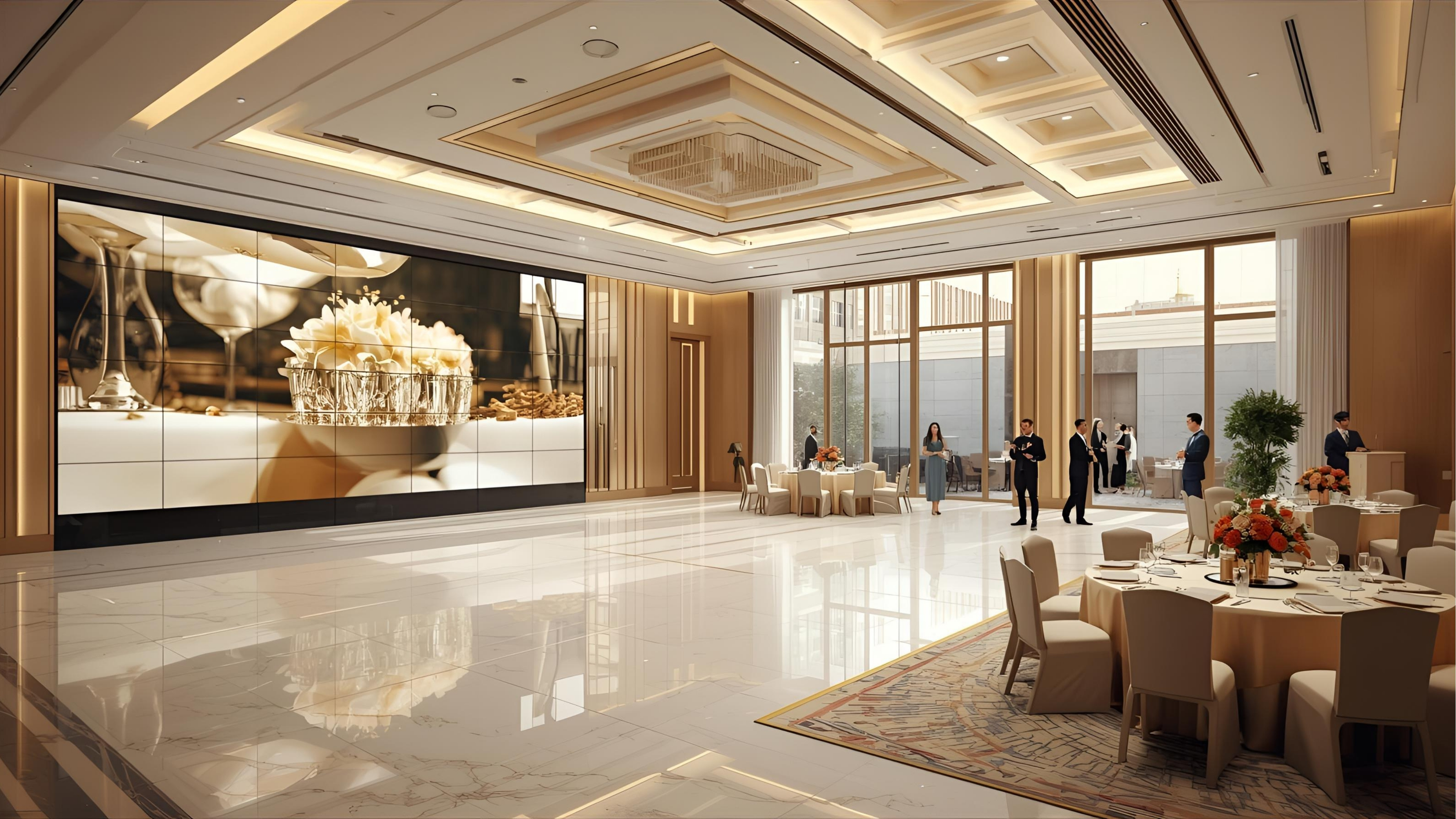 Luxury hotel ballroom with large LED wall, ambient lighting, and AV control systems