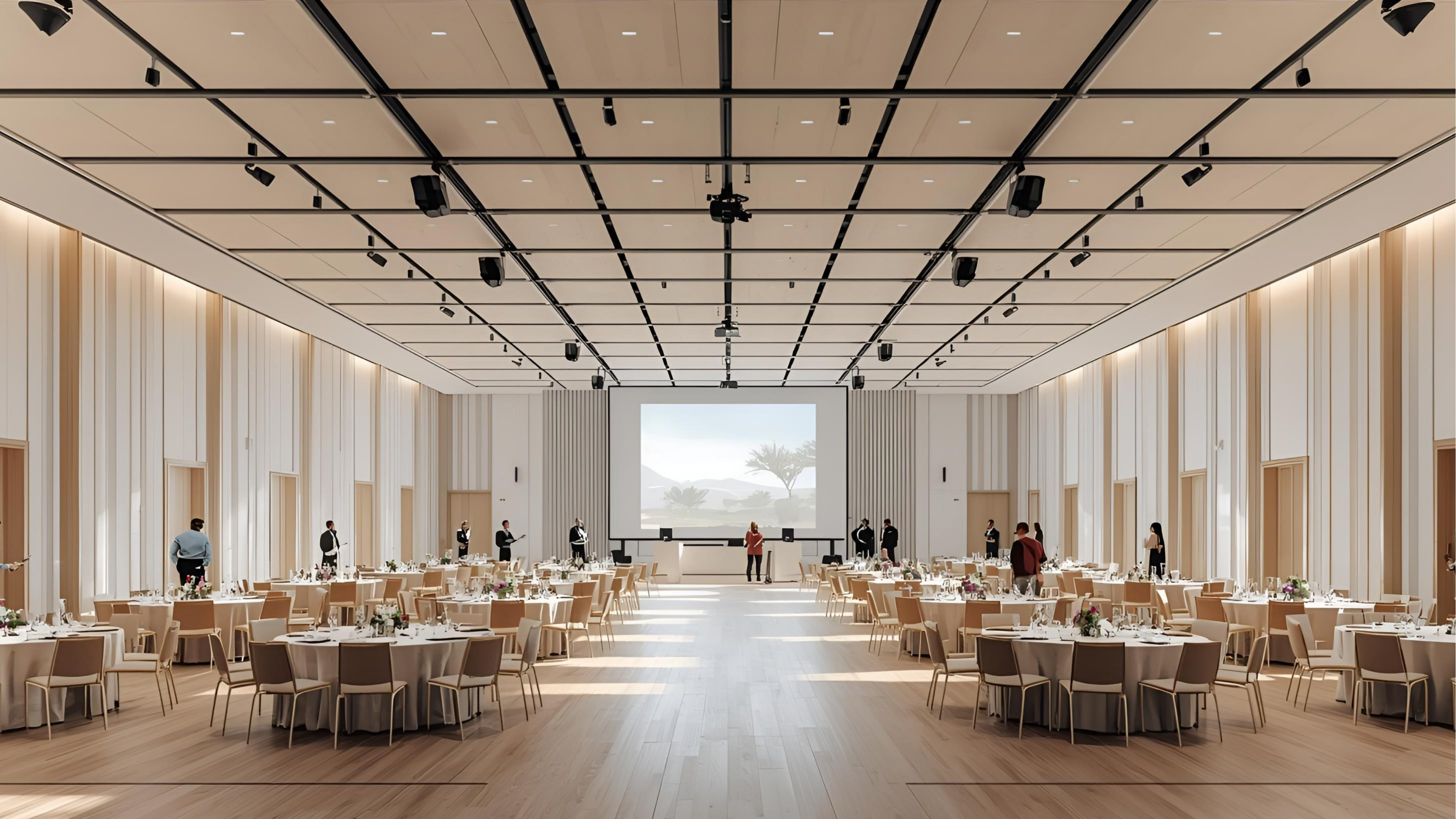 Banquet hall with flexible AV, distributed speakers and projection