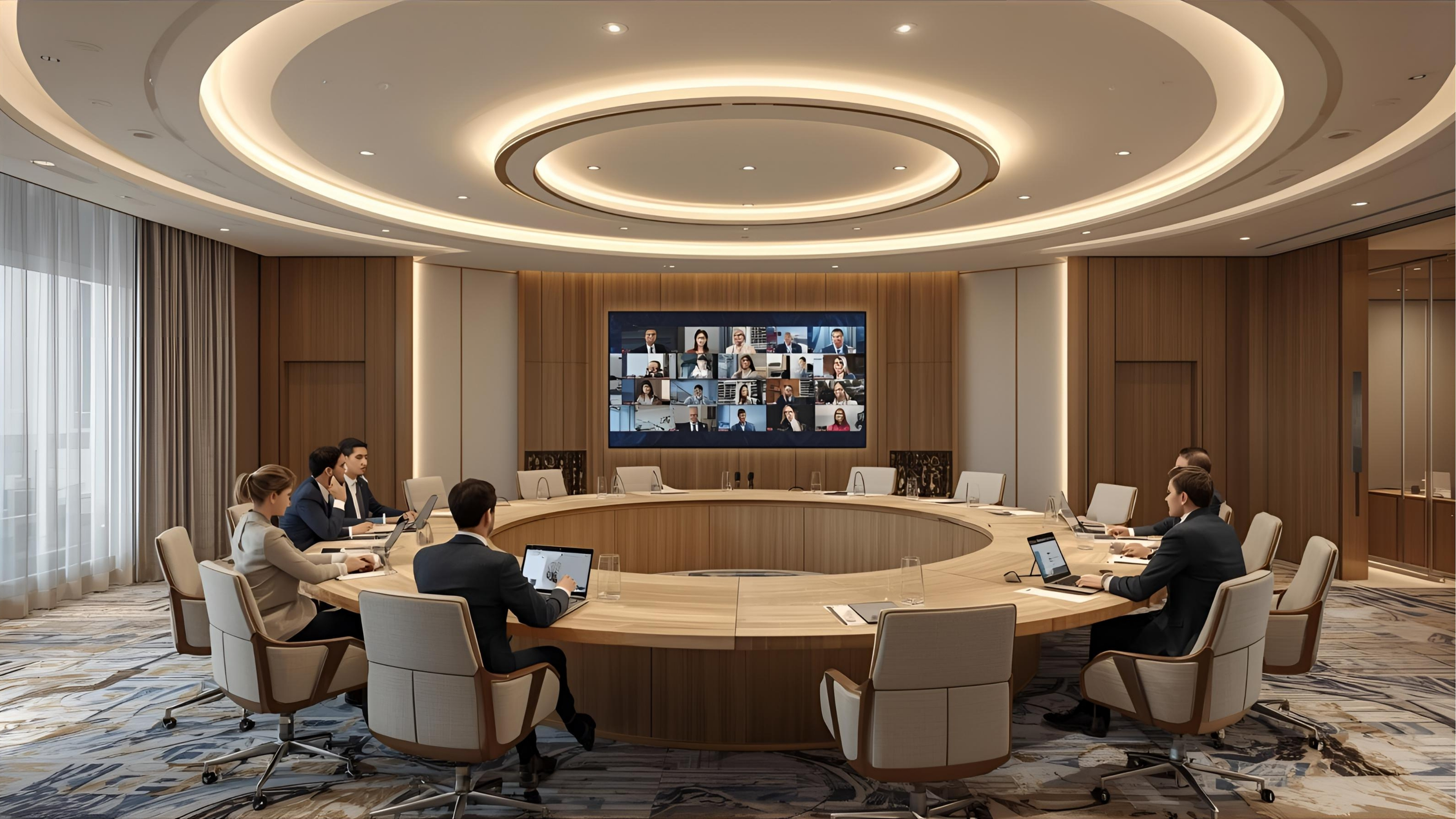 Executive boardroom in hotel with 21:9 display and ceiling microphones
