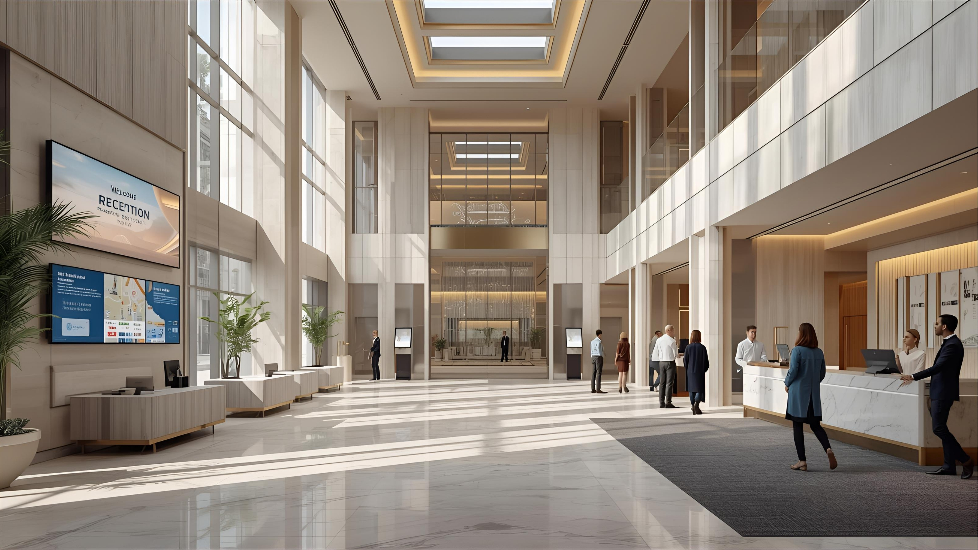 Hotel lobby with large digital signage and ambient audio