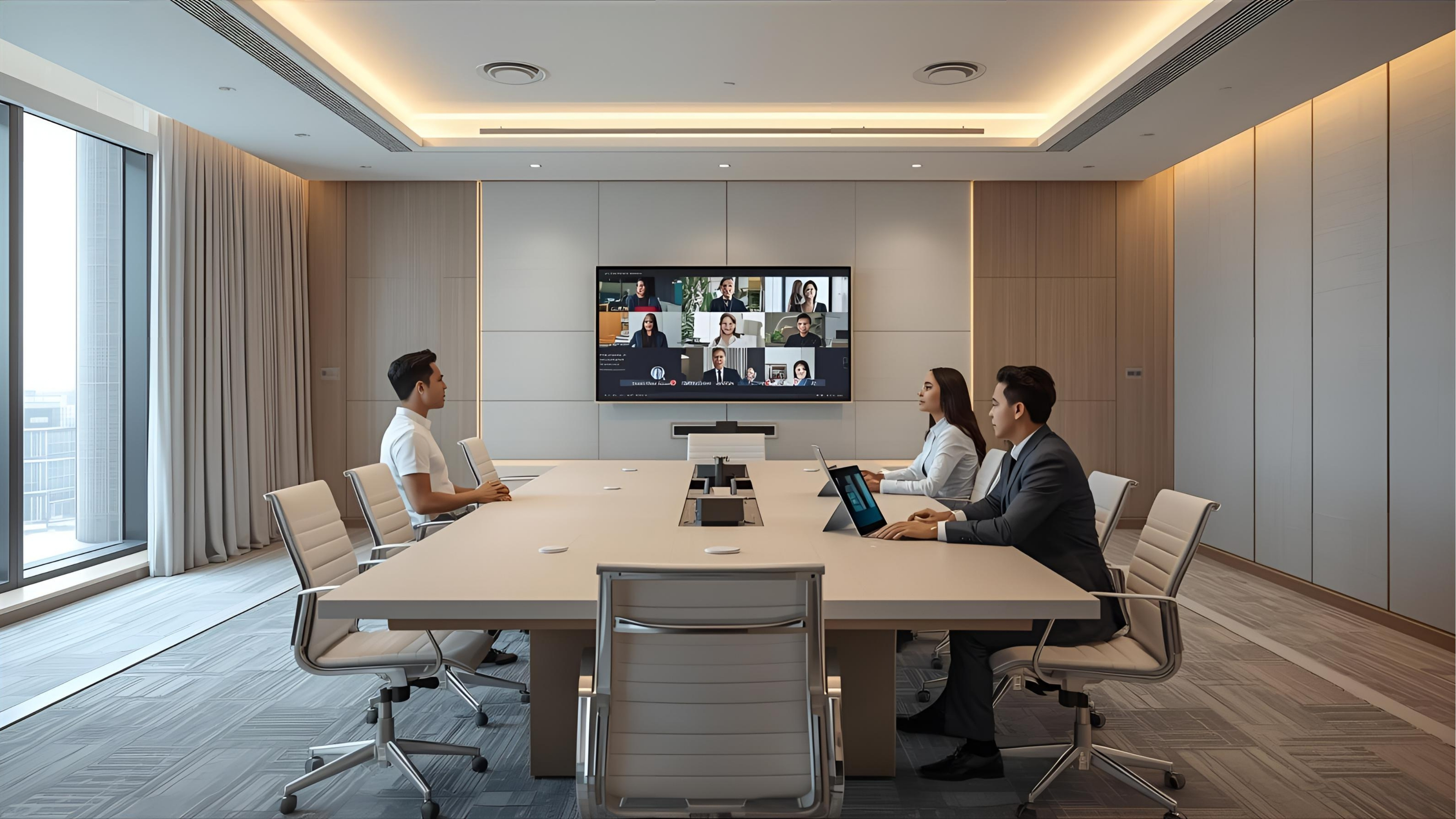 Hotel meeting room with dual displays and video conferencing bar