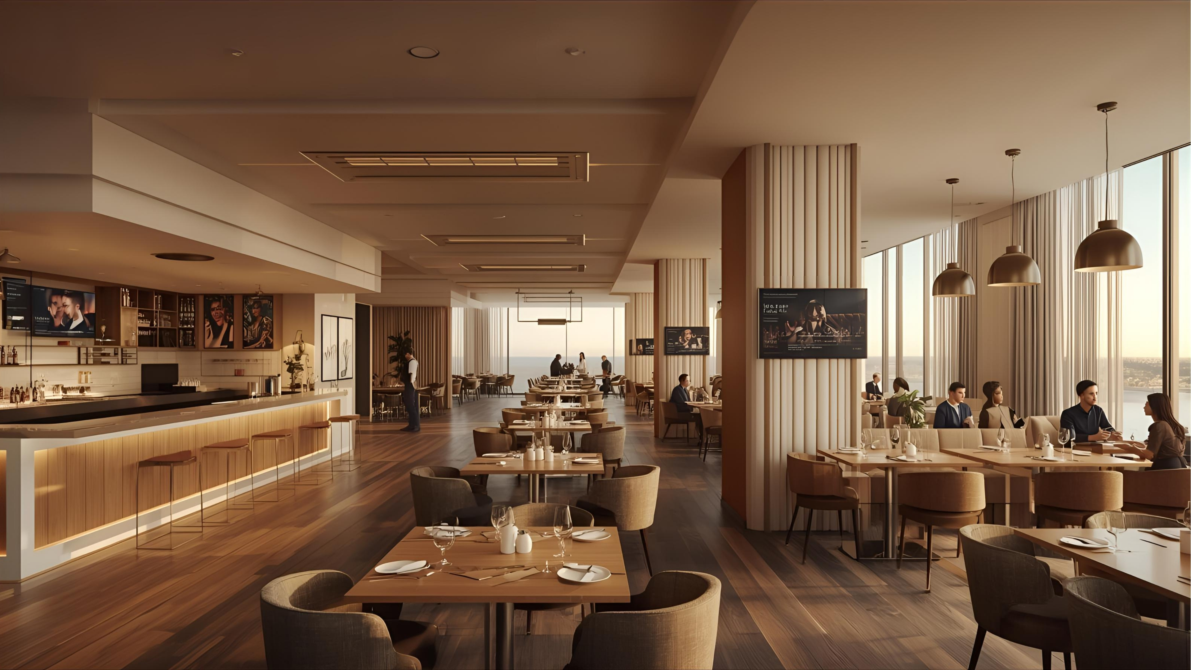 Hotel restaurant and bar with distributed audio and displays