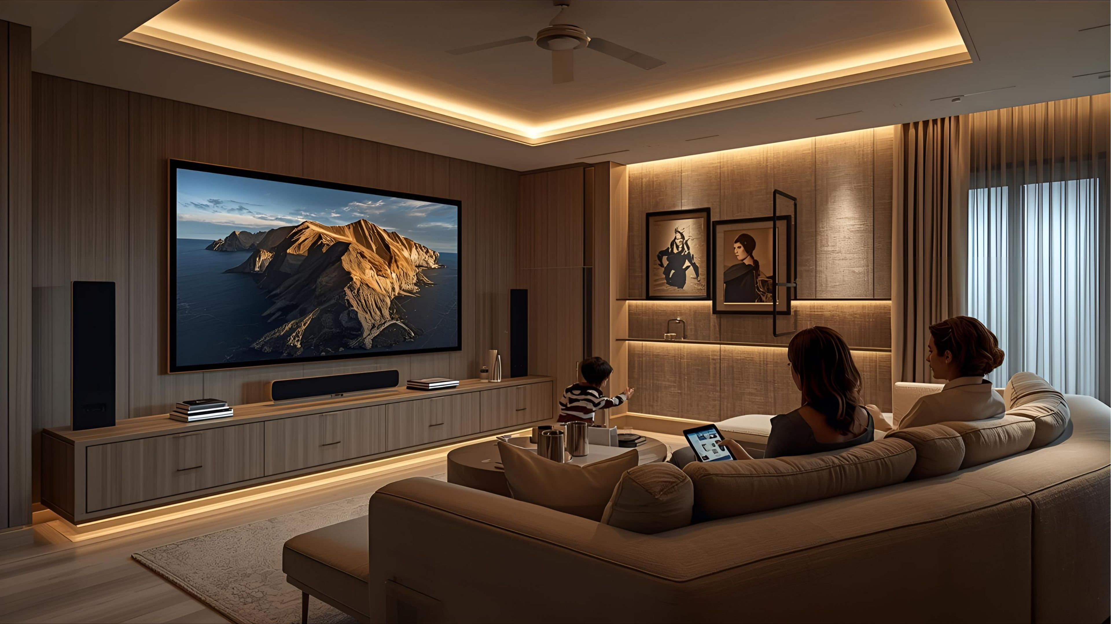 Luxury living room with home theater system, smart lighting, and voice-controlled automation