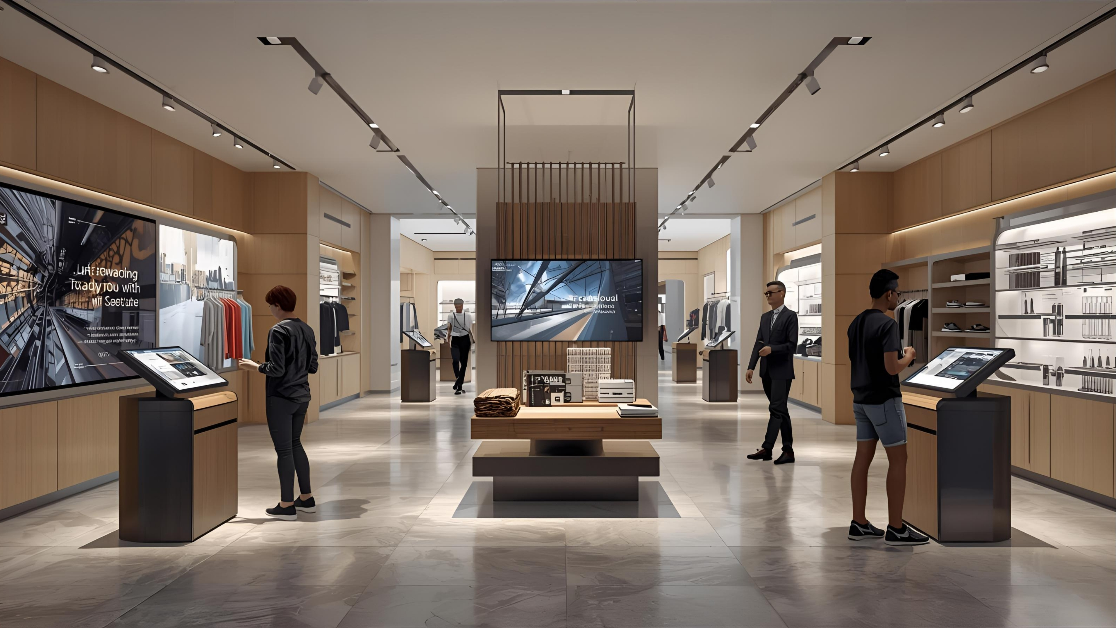 Modern retail store with digital signage, interactive display, and ambient audio system