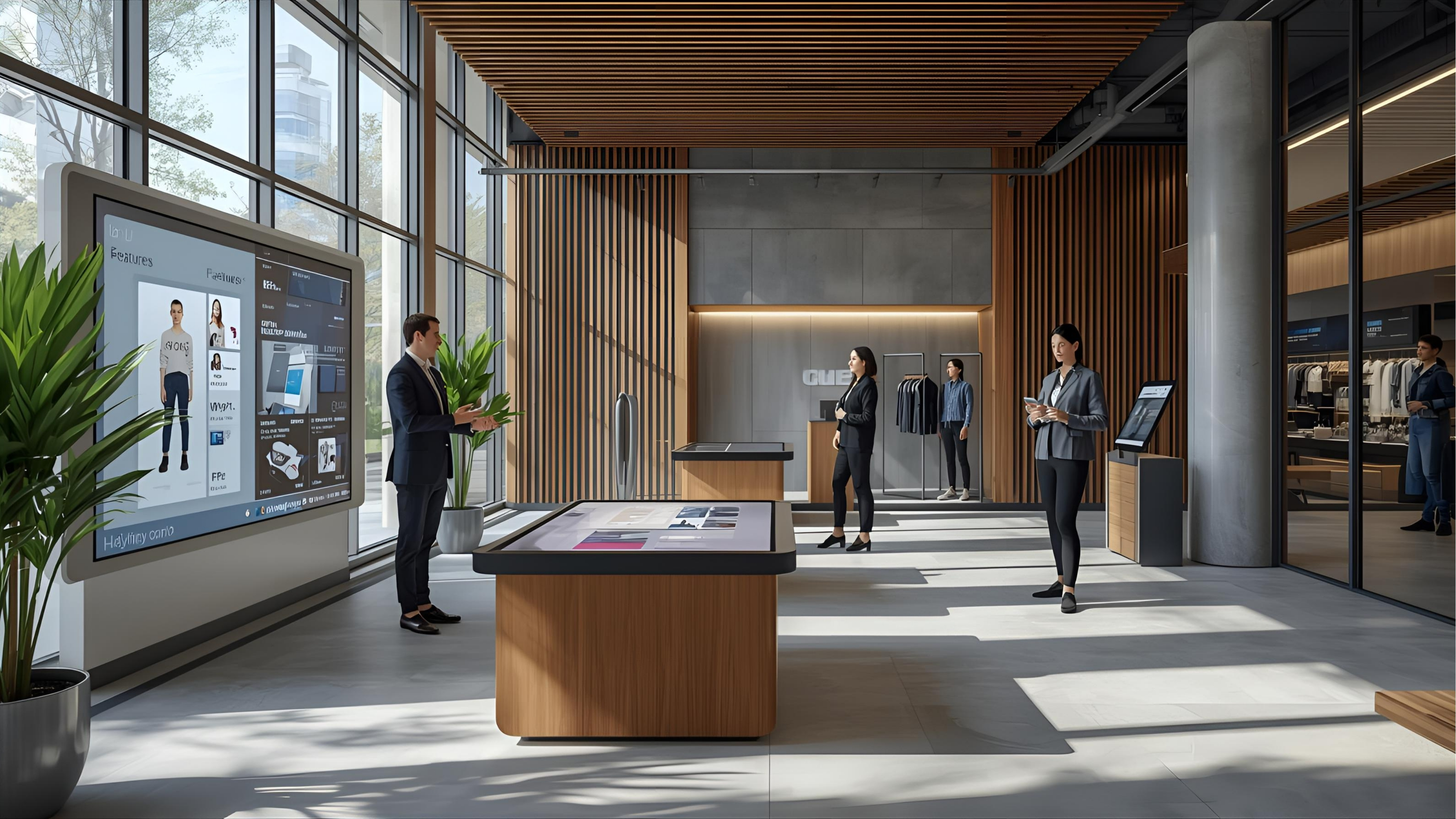 Retail experience center with interactive demo pods and kiosks