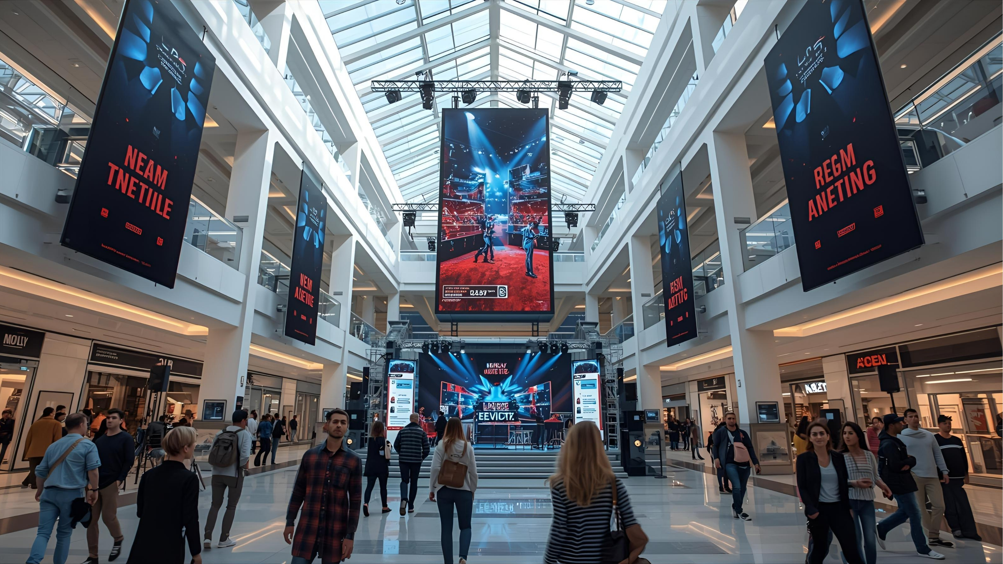 Mall atrium with digital banners, PA/BGM and event staging