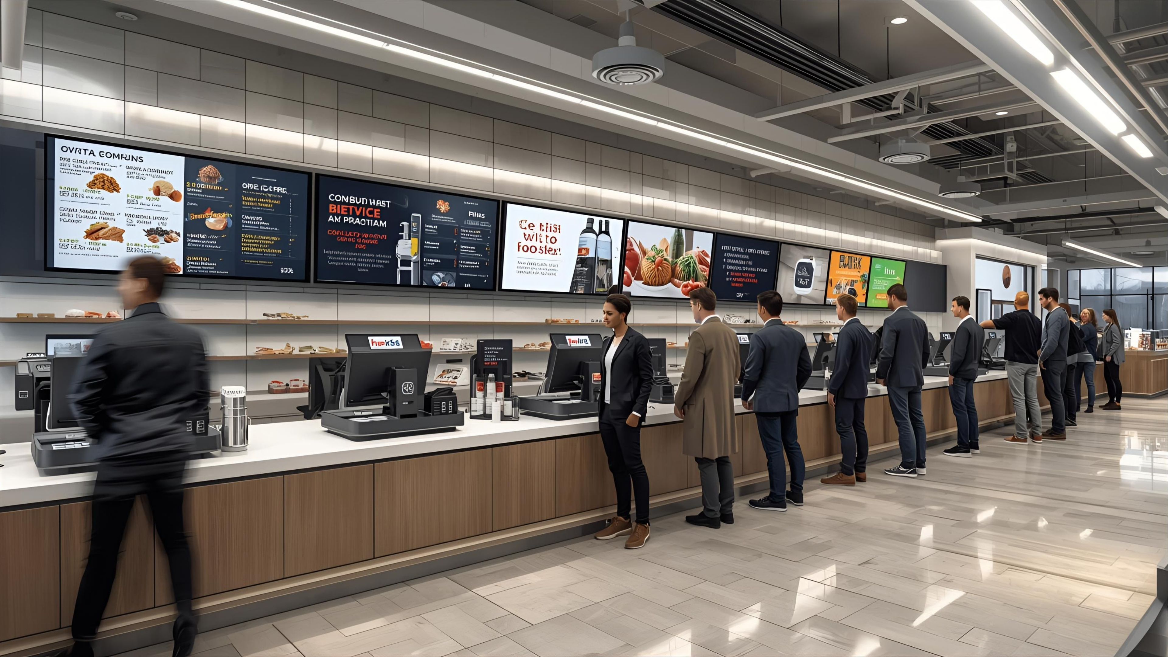 Checkout zone with queue management displays and promotional media