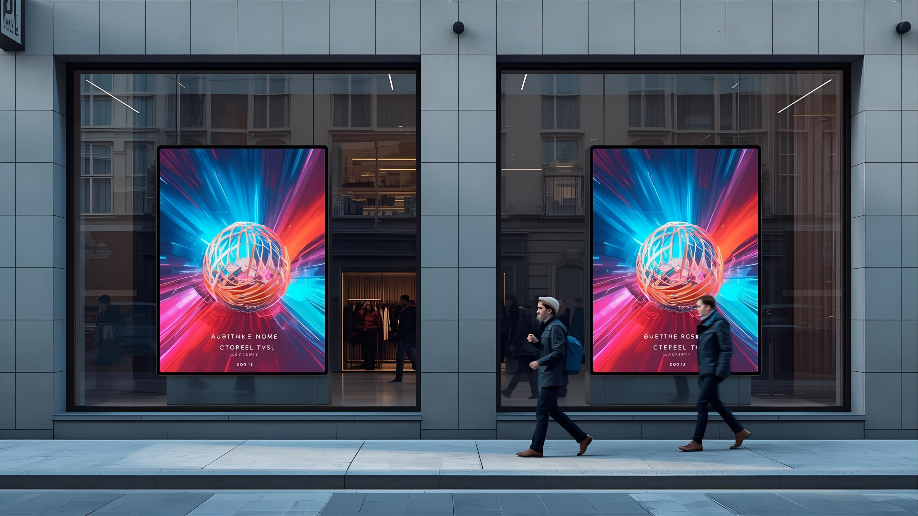 Retail storefront window with high-bright display and motion-triggered content