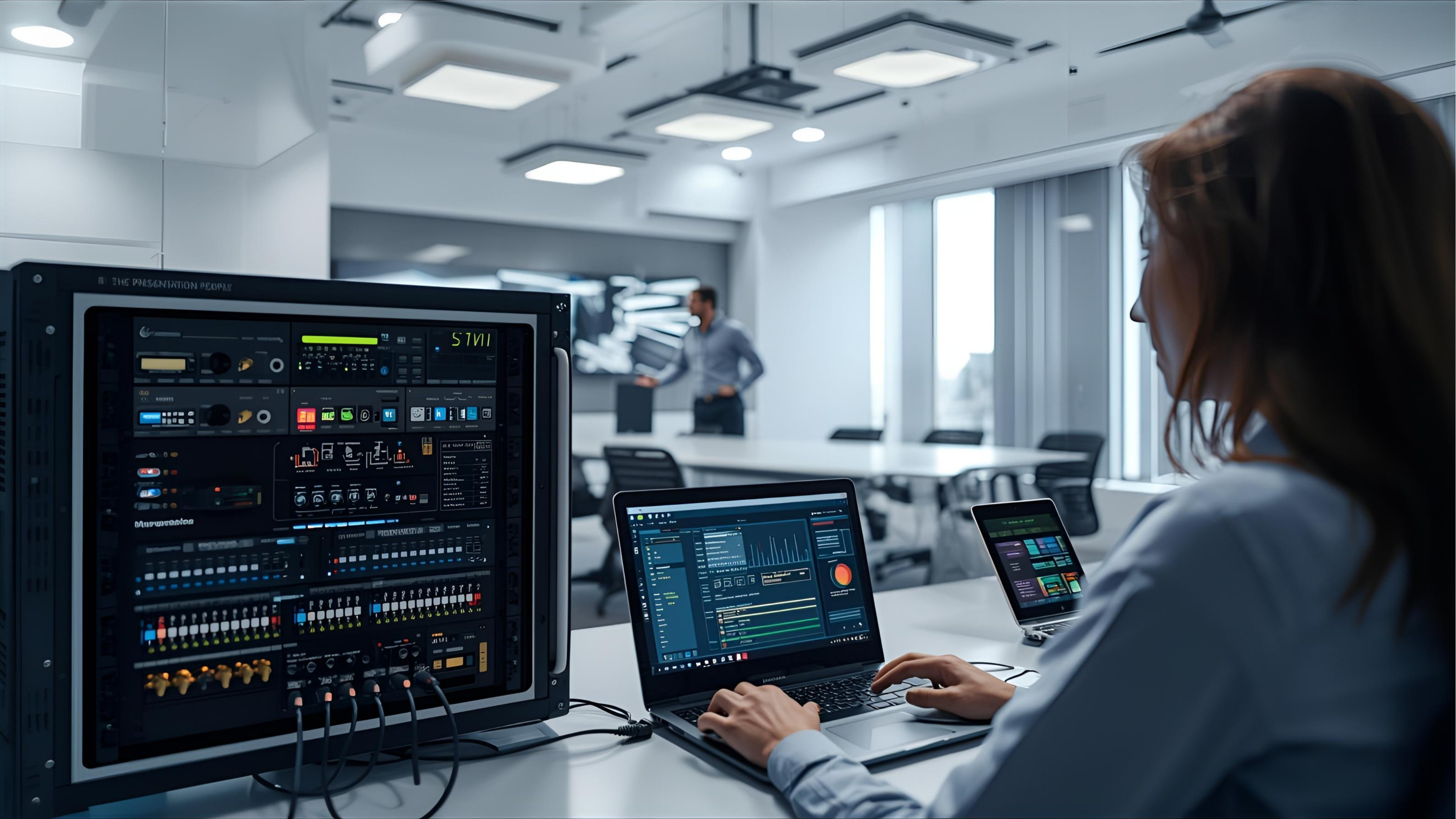 Engineer programming AV control and commissioning DSP/video systems