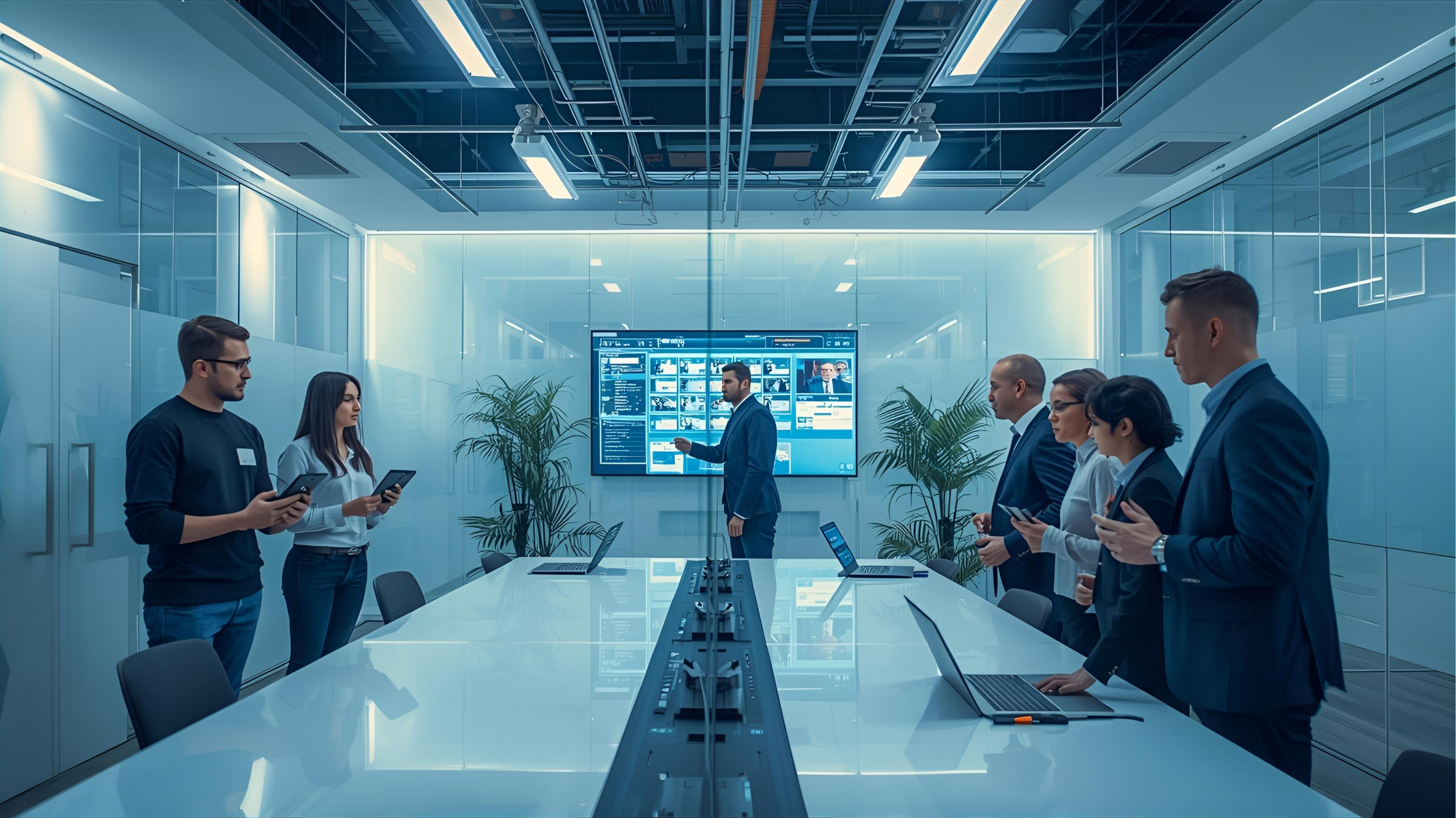 Engineers integrating AV, control, and conferencing systems in a modern workspace