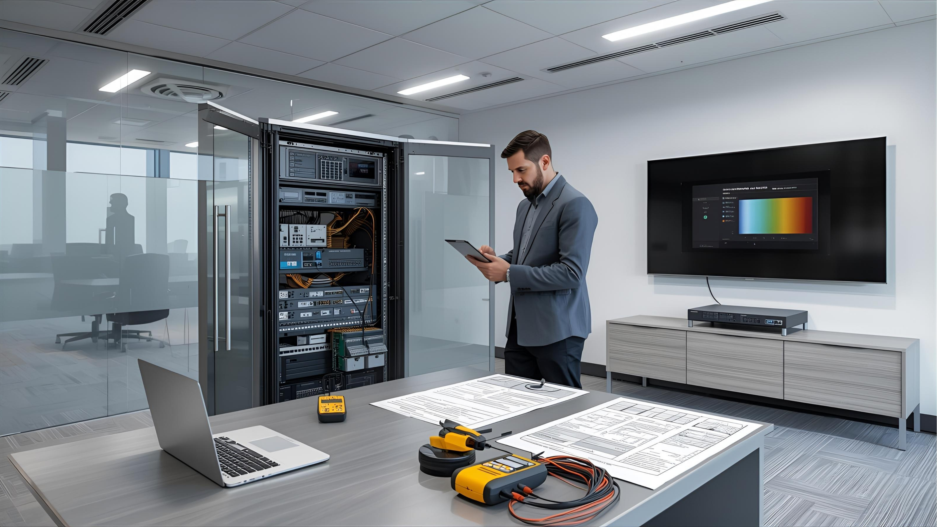 Engineer assessing legacy AV rack and planning 4K/AVoIP migration with test gear