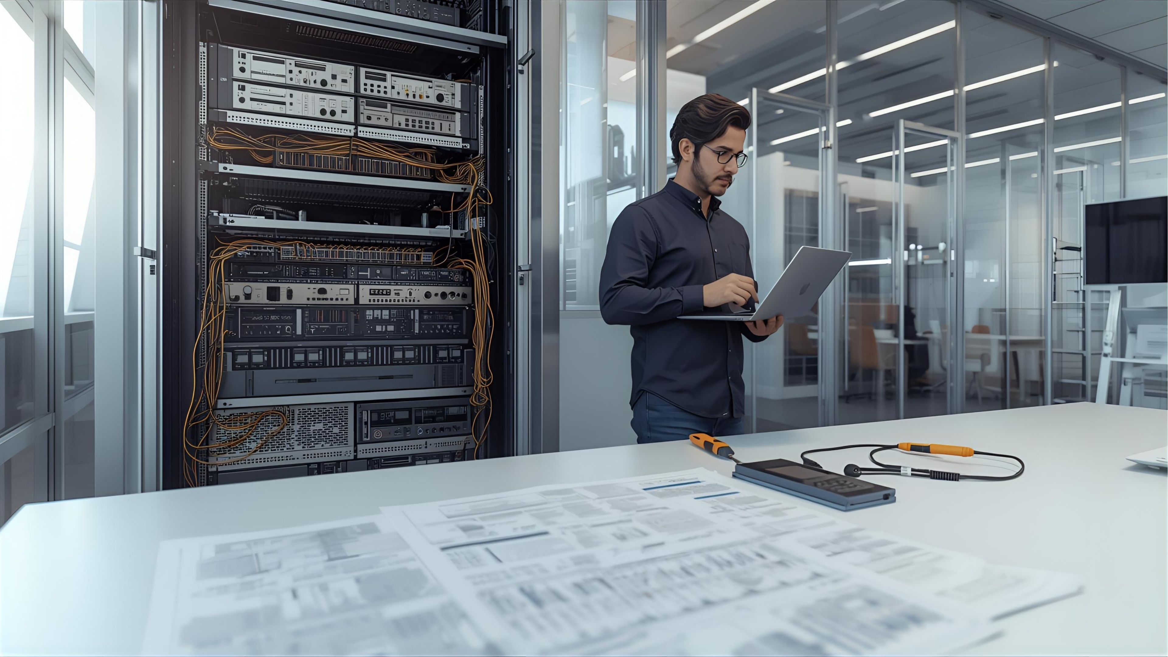 Technician auditing legacy AV racks and documenting components